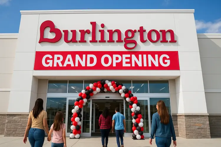 Exterior view of a new Burlington store with customers entering during grand opening event