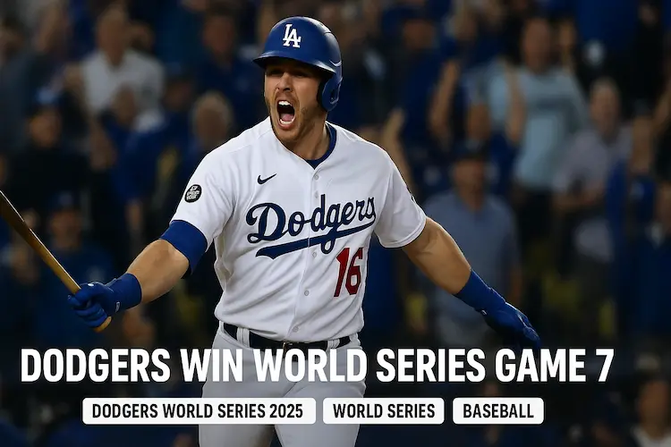 Los Angeles Dodgers players celebrating after winning Game 7 of the World Series against the Toronto Blue Jays