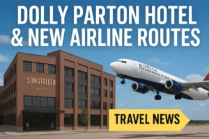 Dolly Parton’s SongTeller Hotel exterior in Nashville with travelers