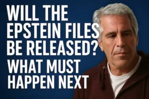 Graphic showing Epstein files release news and congressional steps required for DOJ document disclosure.