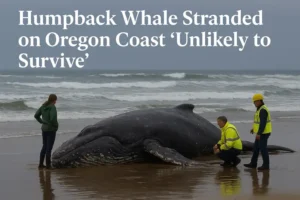 Young humpback whale stranded on Oregon Coast with rescue crews warning it is unlikely to survive.