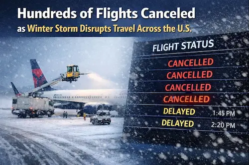 Snow-covered airport showing multiple flight cancellations and delays as severe winter weather disrupts air travel across the United States