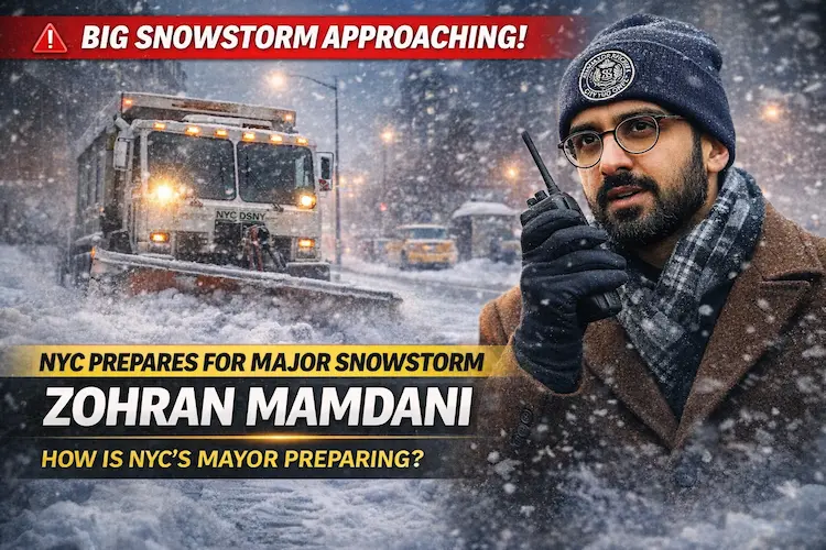 Zohran Mamdani, New York City mayor, coordinates snow removal efforts as a snowplow clears streets during an approaching winter storm in NYC.