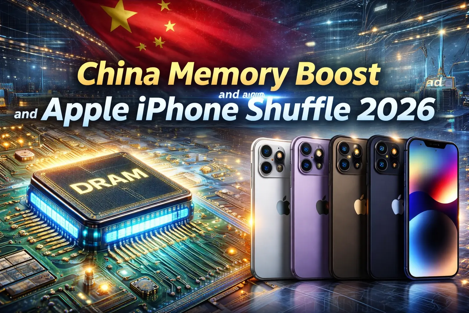Memory chips and Apple iPhones representing China memory boost and Apple iPhone shuffle 2026