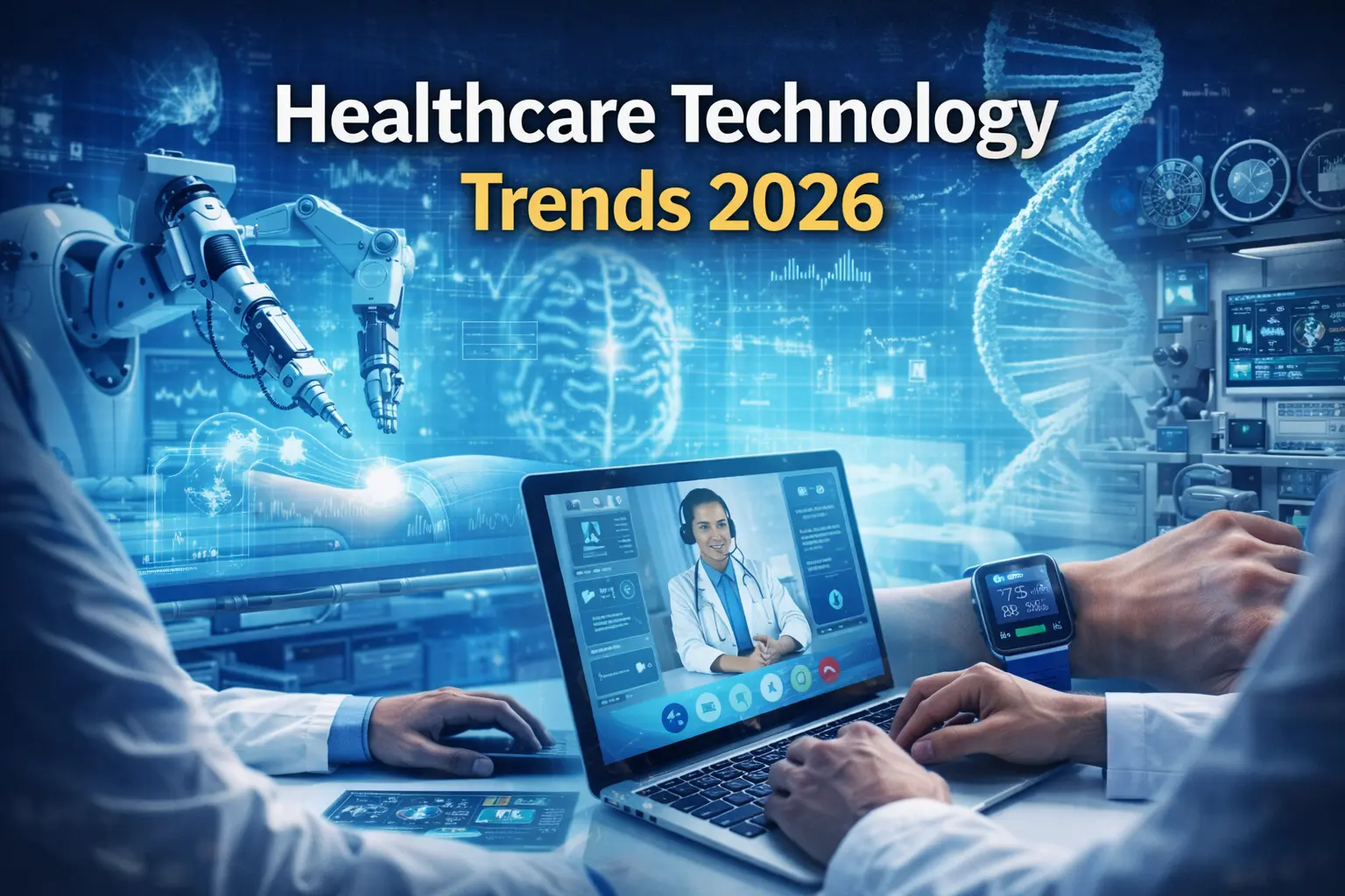 Healthcare Technology Trends 2026 showing AI, telemedicine and smart hospital systems