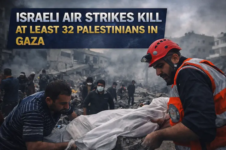 Israeli Air Strikes in Gaza aftermath as buildings destroyed and rescue workers search rubble