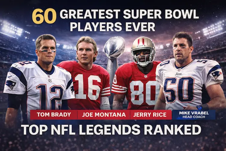 Super Bowl 60 coverage showing greatest NFL players ranking with New England Patriots legends and Mike Vrabel reference