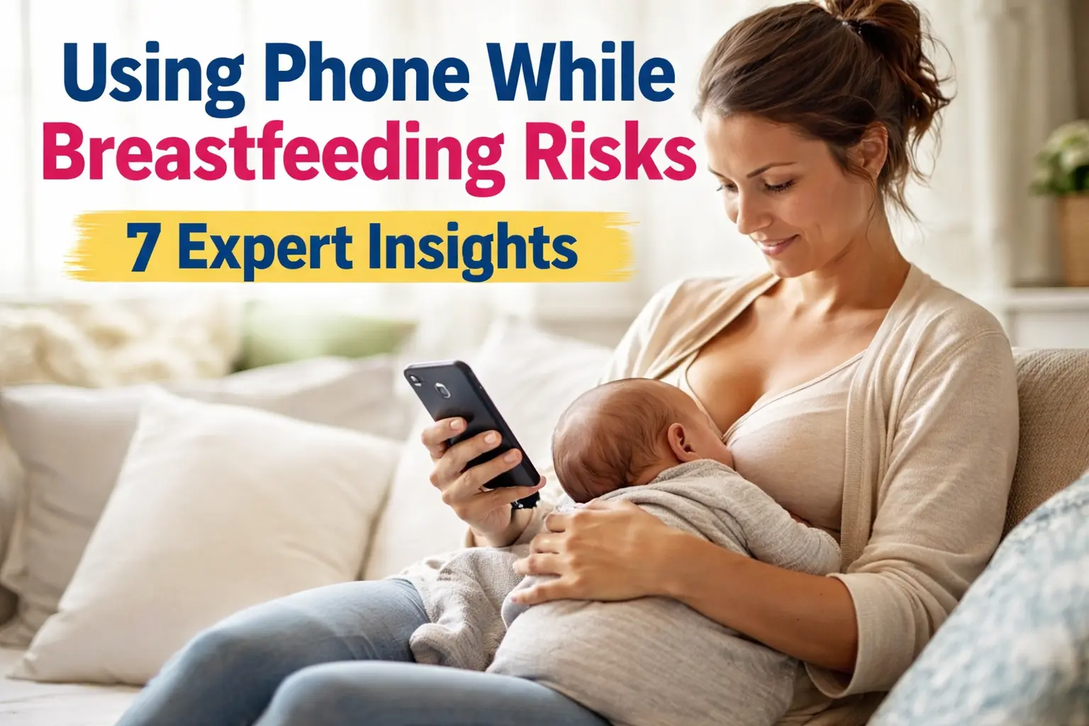 Mother breastfeeding baby with mindful phone use care